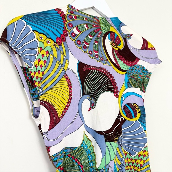 Sky Peacock Print Leather Braided Belt Silk Top - Picture 7 of 9